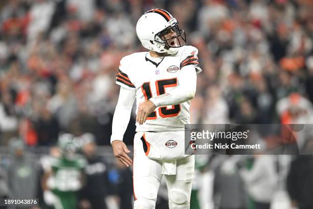 Joe Flacco of the Cleveland Browns celebrates after a touchdown in the first half against the New York Jets at Cleveland Browns Stadium on December...