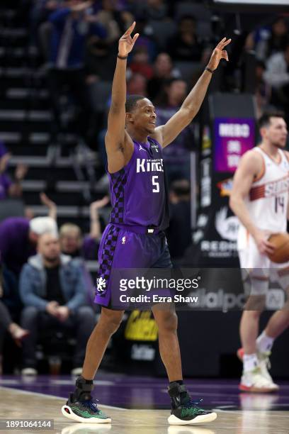 De'Aaron Fox of the Sacramento Kings reacts during their game against the Phoenix Suns at Golden 1 Center on December 22, 2023 in Sacramento,...