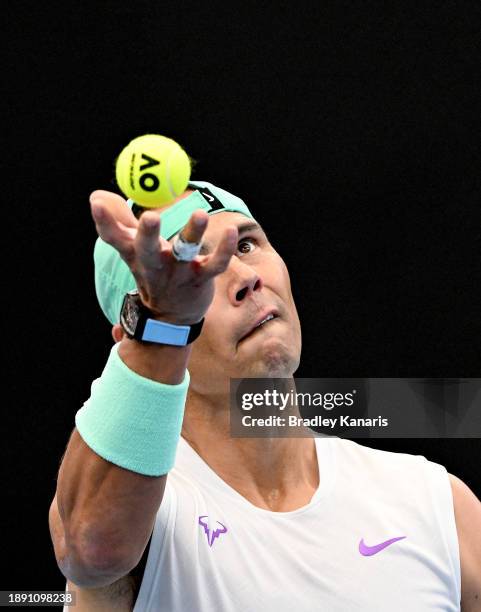 Rafael Nadal serves as he practices on court ahead of the 2024 Brisbane International at Queensland Tennis Centre on December 29, 2023 in Brisbane,...