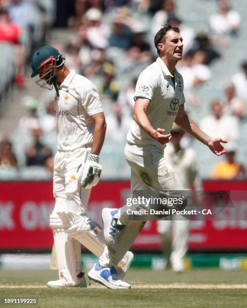 Pat Cummins of Australia celebrates the dismissal of Shan Masood of Pakistan during day four of the Second Test Match between Australia and Pakistan...