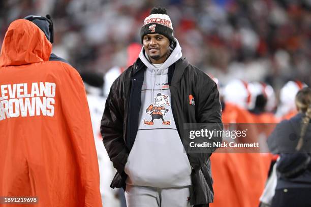 Deshaun Watson of the Cleveland Browns is seen on the sidelines in the second half against the New York Jets at Cleveland Browns Stadium on December...