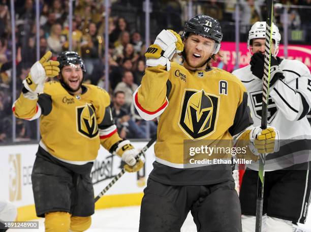 Paul Cotter and William Karlsson of the Vegas Golden Knights celebrate after Cotter assisted Karlsson on a second-period goal against the Los Angeles...