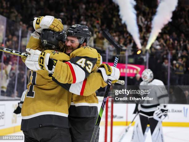 Paul Cotter and William Karlsson of the Vegas Golden Knights celebrate after Cotter assisted Karlsson on a second-period goal against the Los Angeles...