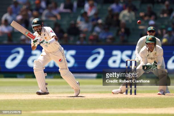 Babar Azam of Pakistan plays a shot during day four of the Second Test Match between Australia and Pakistan at Melbourne Cricket Ground on December...