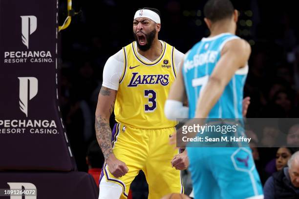 Anthony Davis of the Los Angeles Lakers reacts after a dunk during the first half of a game against the Charlotte Hornets at Crypto.com Arena on...
