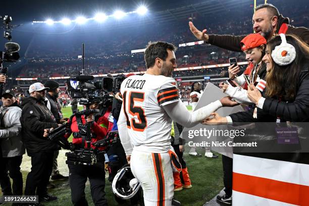 Joe Flacco of the Cleveland Browns interacts with the fans after their win against the New York Jet at Cleveland Browns Stadium on December 28, 2023...