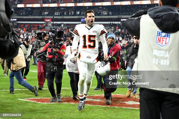 Joe Flacco of the Cleveland Browns celebrates after their win against the New York Jets at Cleveland Browns Stadium on December 28, 2023 in...