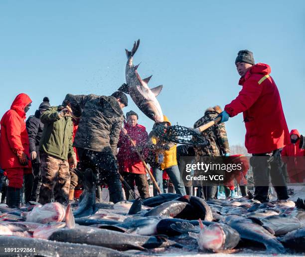 People catch fish on the frozen Lianhuan Lake during a winter fishing event on December 27, 2023 in the Mongolian autonomous county of Dorbod, Daqing...