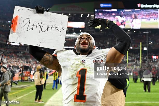Juan Thornhill of the Cleveland Browns celebrates after their win against the New York Jets at Cleveland Browns Stadium on December 28, 2023 in...