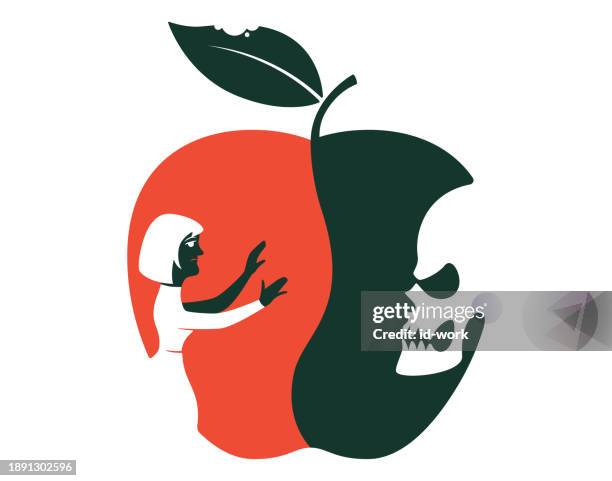 ilustraciones, imágenes clip art, dibujos animados e iconos de stock de mujer buscando y encontrándose con el cráneo dentro del símbolo de la manzana - encontro social