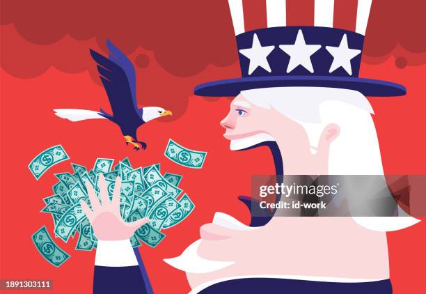 ilustraciones, imágenes clip art, dibujos animados e iconos de stock de el tío sam sosteniendo un montón de billetes y gritando - sam the eagle