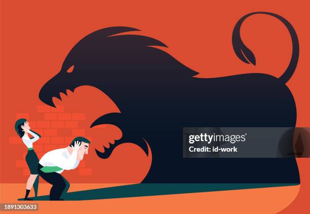 stockillustraties, clipart, cartoons en iconen met couple covering ears while meeting roaring lion shadow - onbeschaafdheid
