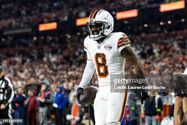 Elijah Moore of the Cleveland Browns celebrates after scoring a touchdown during the game against the New York Jets at Cleveland Browns Stadium on...