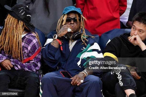 Lil Wayne attends a basketball game between the Los Angeles Lakers and the Charlotte Hornets at Crypto.com Arena on December 28, 2023 in Los Angeles,...