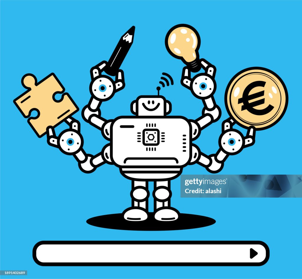 An artificial intelligence robot with four hands holding a pencil, a creative idea light bulb, a jigsaw piece of solution, and money, AI can multitask and help you create high-quality content and make money