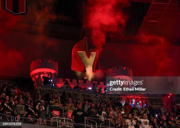 Members of the Vegas Golden Knights Vegas Vivas cheerleaders and Vegas Golden Knights Knight Line by Drumbots perform in the Castle before the team's...