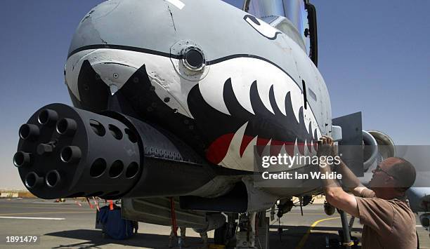 Air Force ground maintainence crewman checks over a A10 Thunderbolt "Warthog" after it returned from a mission April 2, 2003 at an air base near the...