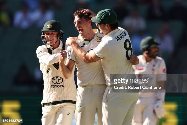 Pat Cummins of Australia celebrates the wicket of Aamer Jamal of Pakistan during day four of the Second Test Match between Australia and Pakistan at...