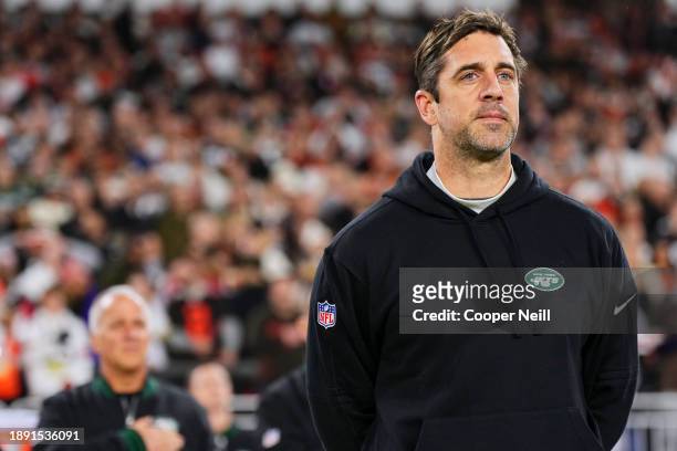 Aaron Rodgers of the New York Jets looks on before kickoff against the Cleveland Browns at Cleveland Browns Stadium on December 28, 2023 in...