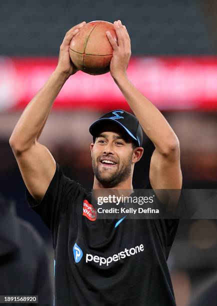 Wes Agar of the Sixers warms up during the BBL match between Melbourne Renegades and Adelaide Strikers at Marvel Stadium, on December 29 in...