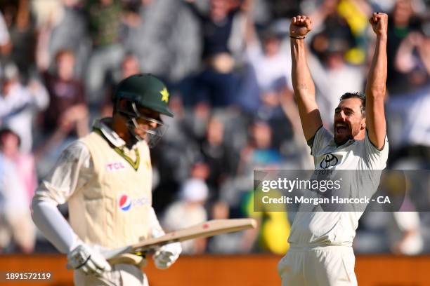 Mitchell Starc of Australia celebrates the wicket of Mir Hamza of Pakistan to win the match during day four of the Second Test Match between...