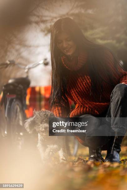 happy young woman cuddling her cute poodle in off-leash dog park - lead off stock pictures, royalty-free photos & images