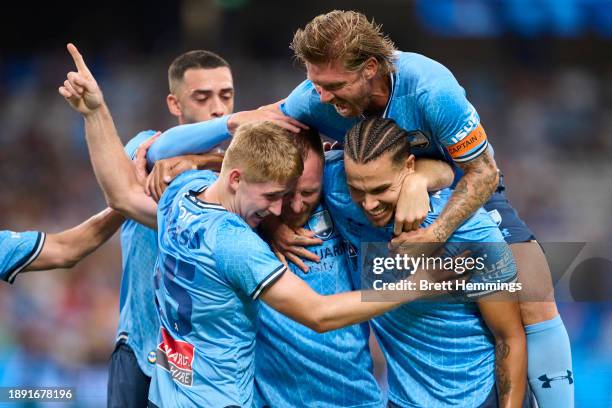 Rhyan Grant of Sydney FC celebrates scoring a goal with team mates during the A-League Men round 10 match between Sydney FC and Wellington Phoenix at...