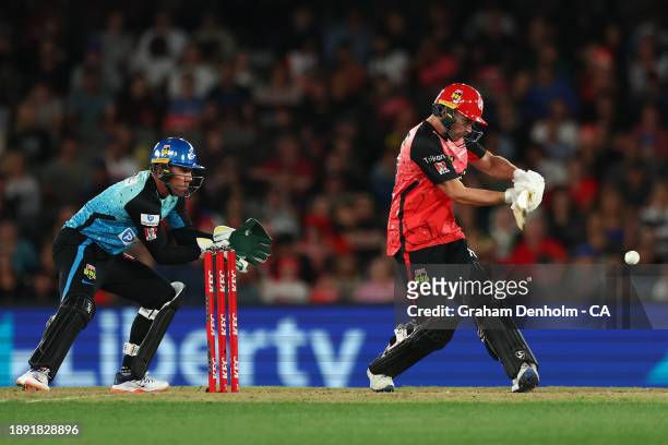 Joe Clarke of the Renegades bats during the BBL match between Melbourne Renegades and Adelaide Strikers at Marvel Stadium on December 29, 2023 in...