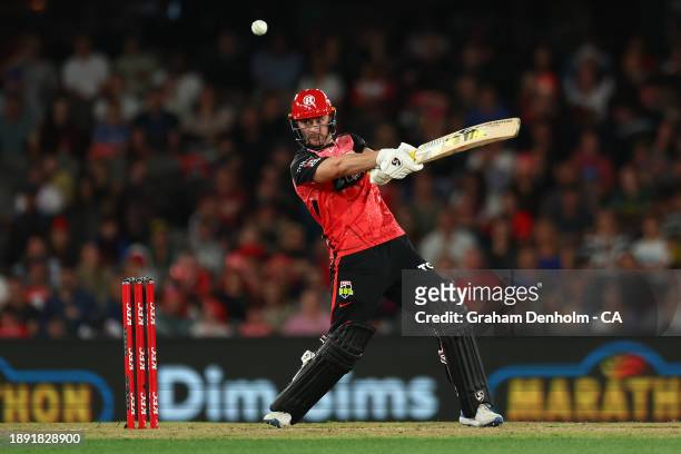 Joe Clarke of the Renegades bats during the BBL match between Melbourne Renegades and Adelaide Strikers at Marvel Stadium on December 29, 2023 in...