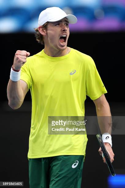 Alex de Minaur of Team Australia celebrates in his singles match to Cameron Norrie of Team Great Britain during day one of the 2024 United Cup at RAC...