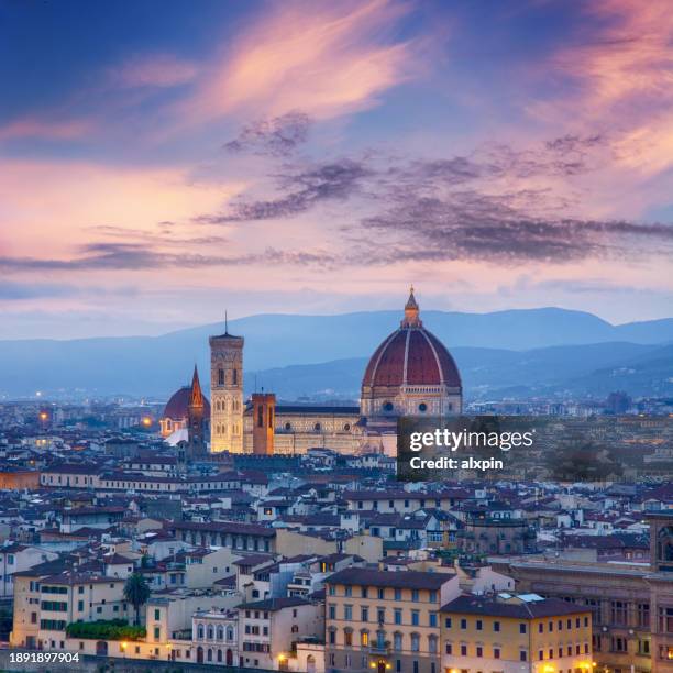 panorama of florence at dusk - campanile florence stock pictures, royalty-free photos & images