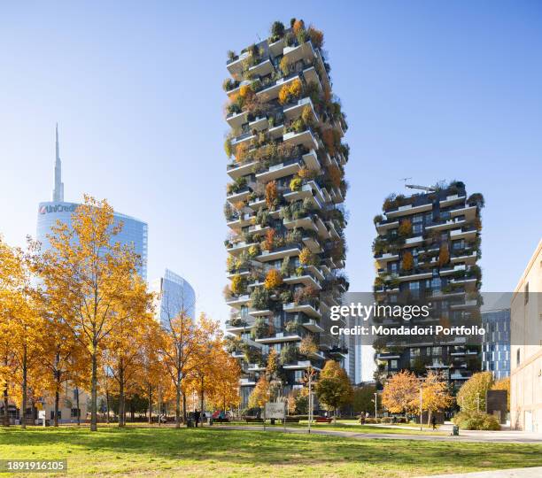 Bosco Verticale in Autumn, residential complex designed by Boeri Studio. Milan , November 23rd, 2023