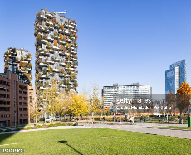 Bosco Verticale in Autumn, residential complex designed by Boeri Studio. Milan , November 23rd, 2023