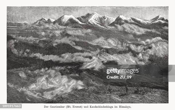 mount everest and kangchenjunga, himalayas, nepal, wood engraving, published in 1894 - kangchenjunga stock illustrations