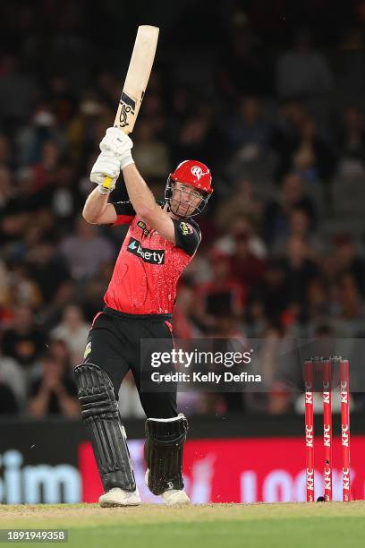 Tom Rogers of the Renegades bats during the BBL match between Melbourne Renegades and Adelaide Strikers at Marvel Stadium, on December 29 in...