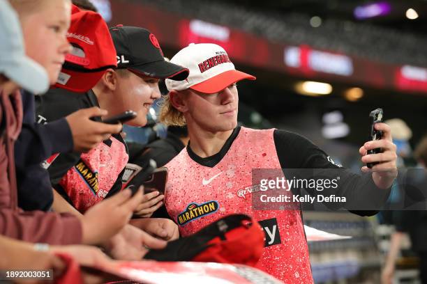 Jake Fraser-McGurk of the Renegades thanks fans during the BBL match between Melbourne Renegades and Adelaide Strikers at Marvel Stadium, on December...