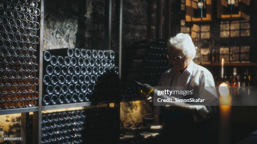 Male Cavist Holding Old Wine Bottle While Standing By Rack At Cellar
