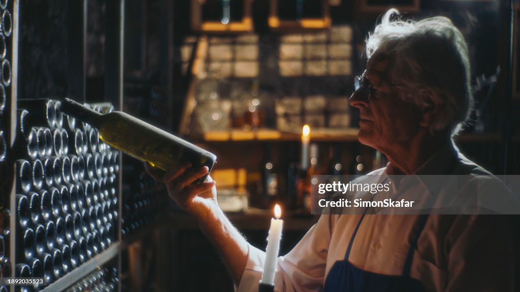 Winemaking Owner Carefully Inspects An Aging Wine Bottle