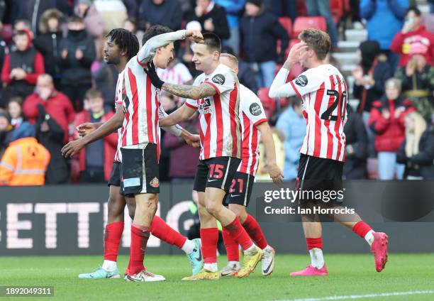 Nazariy Rusyn of Sunderland celebrates with team mates after he scores the second goal during the Sky Bet Championship match between Sunderland and...