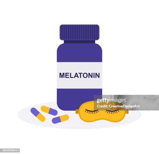 illustrations, cliparts, dessins animés et icônes de bouteille de mélatonine, capsules et masque de sommeil sur fond blanc. insomnie et problèmes de sommeil - hormone