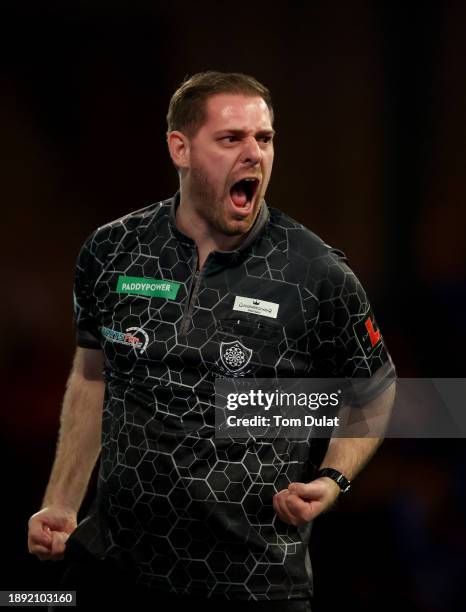 Berry van Peer of Netherlands celebrates during his round three match against Damon Heta of Australia on day 12 of the 2023/24 Paddy Power World...