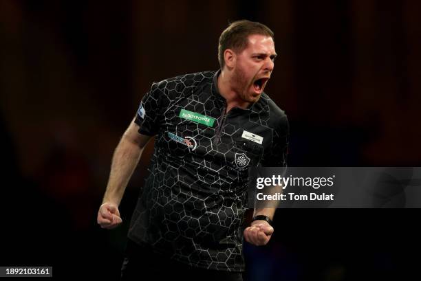 Berry van Peer of Netherlands celebrates during his round three match against Damon Heta of Australia on day 12 of the 2023/24 Paddy Power World...