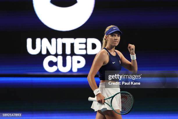 Katie Boulter of Team Great Britain celebrates in her singles match against Ajla Tomljanovic of Team Australia during day one of the 2024 United Cup...