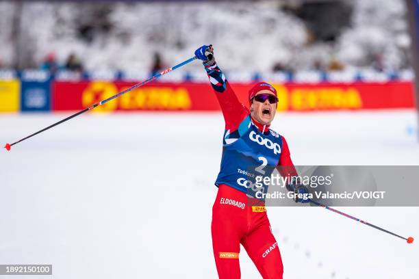 Harald Oestberg Amundsen of Norway celebrates winning the FIS World Cup Cross - Country Tour de Ski Pursuit on January 1, 2024 in Toblach...