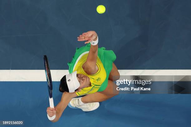 Ajla Tomljanovic of Team Australia serves in her singles against Katie Boulter of Team Great Britain during day one of the 2024 United Cup at RAC...