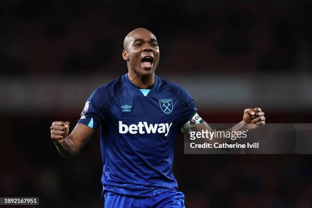 Angelo Ogbonna of West Ham celebrates victory after the Premier League match between Arsenal FC and West Ham United at Emirates Stadium on December...