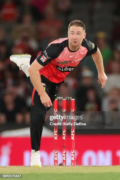 Tom Rogers of the Renegades bowls during the BBL match between Melbourne Renegades and Adelaide Strikers at Marvel Stadium, on December 29 in...