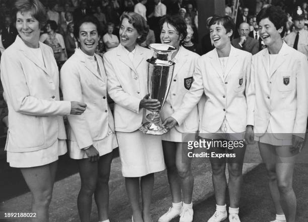 British tennis players Christine Truman, Virginia Wade, Angela Mortimer , Nell Truman , Winnie Shaw and Joyce Williams, winners of the Wightman Cup...