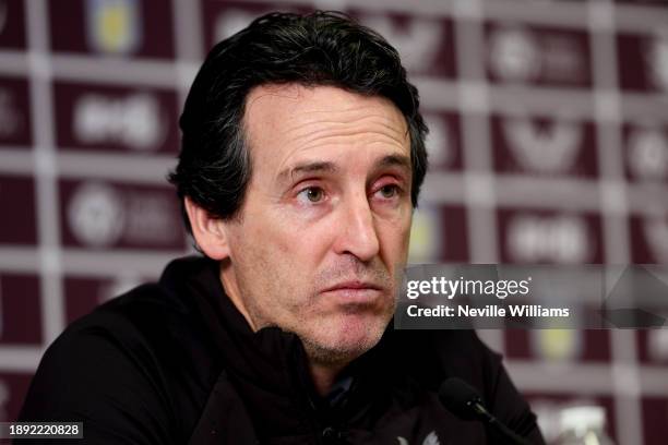 Unai Emery head coach of Aston Villa talks to the press during a press conference at Bodymoor Heath training ground on December 29, 2023 in...