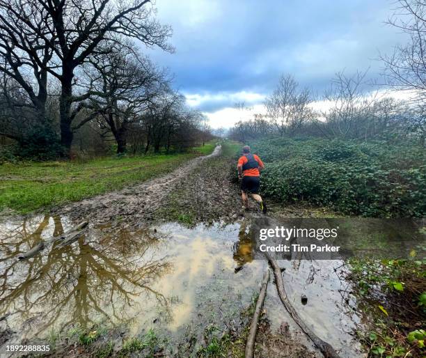 jogger on a flooded path - epping forest stock pictures, royalty-free photos & images
